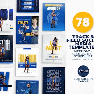 以下が含まれることがあります： 陸上競技のソーシャルメディアテンプレートのコレクション。テンプレートには、青と黄色のユニフォームを着たアスリートが登場します。「今週のアスリート」、「ミートデイ」、および「最終スコア」というテキストが含まれています。テンプレートはCanvaで編集可能です。