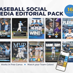 Könnte beinhalten: Eine digitale Sammlung von 16 Baseball-Social-Media-Vorlagen mit verschiedenen Layouts, Sportfotografien, Teamgrafiken und Texteinblendungen wie "SPARTANS WIN!!", "PLAYOFFS", "MVP" und "GAME DAY!", die für individuelle Anpassungen konzipiert sind.