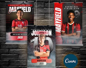 May include: Three hanging banners featuring high school soccer players. Each banner has a player's photo, name, and position. The banners are red, black, and white, with the school name at the top and the year 2025 at the bottom.