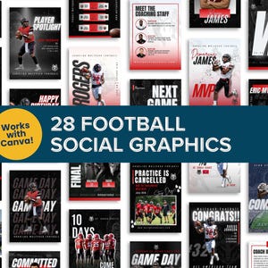 Op de afbeelding: Een collectie van 28 football social media grafische sjablonen met een donker en rood kleurenschema. De ontwerpen bevatten spelersprofielen, aankondigingen voor wedstrijddagen, coachingstaf en trainingsschema's, compatibel met Canva.