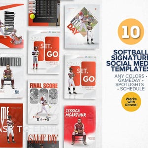 May include: A set of 10 softball social media templates in red, white, and black. Designs include game day, spotlights, and schedule layouts. Text includes "Ready, Set, Go" and "Final Score". Works with Canva.