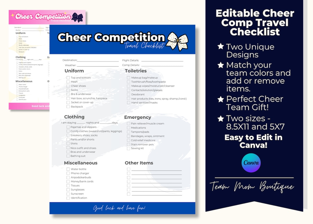 Editable Cheer Competition Checklist, Cheer Comp Packing List, Travel