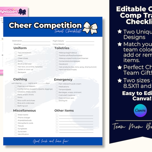 Editable Cheer Competition Checklist, Cheer Comp Packing List, Travel Checklist for Cheer