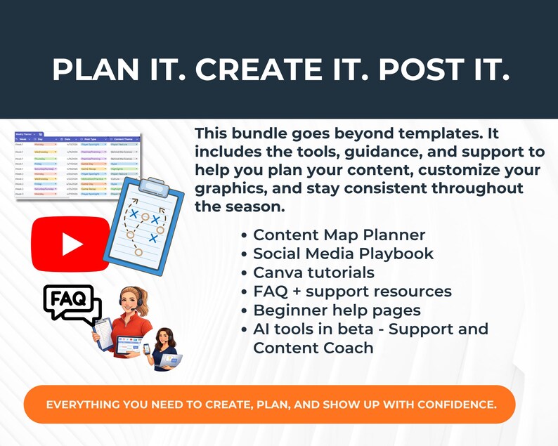 May include: Image promoting content creation tools. Includes a red YouTube play button, a clipboard with a play design, and a woman with a headset. Text reads "PLAN IT. CREATE IT. POST IT." and "EVERYTHING YOU NEED TO CREATE, PLAN, AND SHOW UP WITH CONFIDENCE."