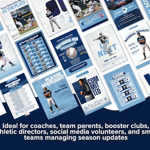 May include: A collection of baseball-themed posters in shades of blue and white. The posters feature team rosters, player spotlights, game schedules, and tournament announcements. Text includes "Season Opener," "Baseball Tryouts," and "Team Stat of the Plate."