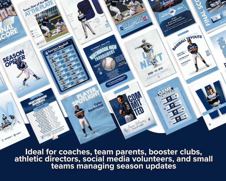 May include: A collection of baseball-themed posters in shades of blue and white. The posters feature team rosters, player spotlights, game schedules, and tournament announcements. Text includes "Season Opener," "Baseball Tryouts," and "Team Stat of the Plate."