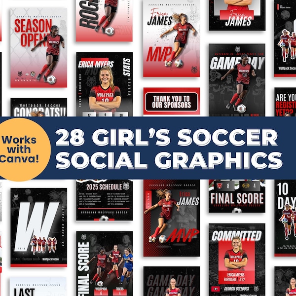 Girls Soccer Social Media Templates – Editable 28-Post Bundle – Works with Canva