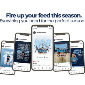Puede incluir: Cinco tel&eacute;fonos inteligentes que muestran publicaciones en redes sociales de Spartans Volleyball. El texto superior dice: Fire up your feed this season. Everything you need for the perfect season. Las pantallas muestran fotos de equipo y gr&aacute;ficos.