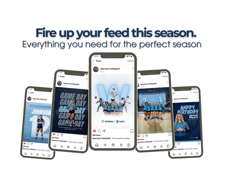 Puede incluir: Cinco tel&eacute;fonos inteligentes que muestran publicaciones en redes sociales de Spartans Volleyball. El texto superior dice: Fire up your feed this season. Everything you need for the perfect season. Las pantallas muestran fotos de equipo y gr&aacute;ficos.