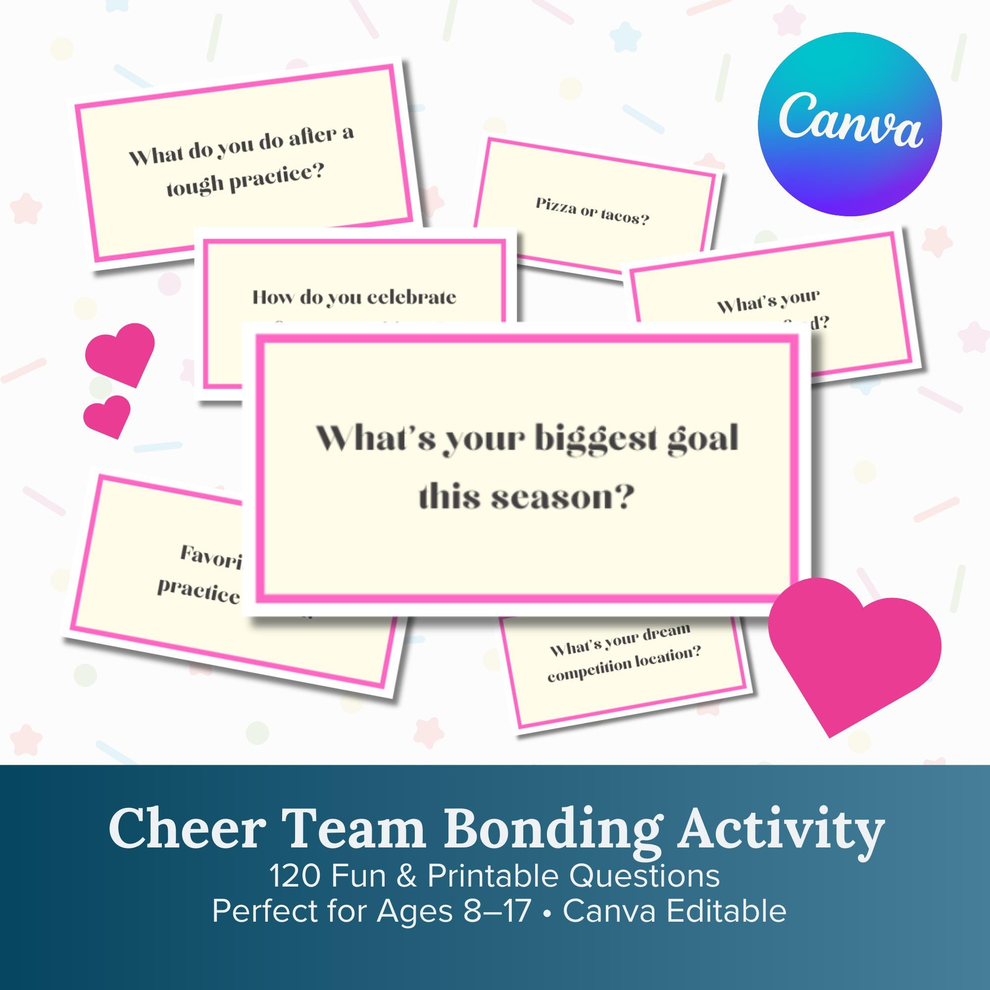 Cheer Team Bonding Game | 100 Questions Activity | Printable or Canva Template | Icebreaker for Cheerleaders