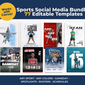 Op de afbeelding: Een digitale collectie van 77 bewerkbare social media sjablonen voor sport met diverse atletische ontwerpen, waaronder spelers-spotlights, wedstrijddag-graphics en teamroosters, met tekst zoals "Sports Social Media Bundle" en "Works with Canva".