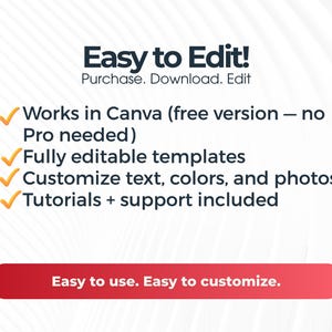Puede incluir: Un gr&aacute;fico digital con el texto Easy to Edit! Purchase. Download. Edit. Enumera caracter&iacute;sticas como Works in Canva, fully editable templates, customize text, colors, and photos, y tutorials plus support included. Un bot&oacute;n rojo dice Easy to use. Easy to customize.