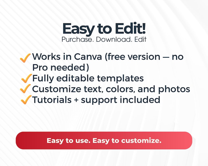 Puede incluir: Un gr&aacute;fico digital con el texto Easy to Edit! Purchase. Download. Edit. Enumera caracter&iacute;sticas como Works in Canva, fully editable templates, customize text, colors, and photos, y tutorials plus support included. Un bot&oacute;n rojo dice Easy to use. Easy to customize.
