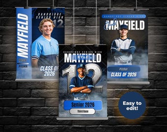 May include: Three vertical baseball banners with photos of players. Each banner features a player in a baseball uniform with the text "Dandridge Senior High" and "Class of 2026". The banners are blue and white.