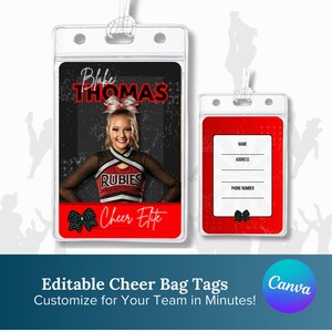 May include: Two rectangular clear plastic luggage tags with white loops. The left tag features a photo of a cheerleader with the text Blake THOMAS and Cheer Elite. The right tag has a red border and white fields for Name, Address, and Phone Number.