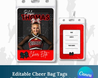 Mall för redigerbara cheerleading-taggar | Personliga cheerleading-taggar med foton | Storlek på vinylpåse