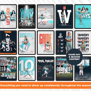 May include: A collection of digital graphics on tablets, featuring teal and white softball team imagery. The graphics include text such as "GAME DAY", "5 DAYS", and "FINAL RECAP". The bottom banner reads "Everything you need to show up consistently throughout the season."