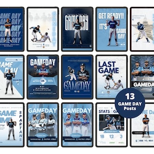 May include: A collection of 13 baseball-themed digital posters. Each poster features baseball players, the words "Game Day," and team information. The posters are in shades of blue and white, with some including game statistics and schedules.