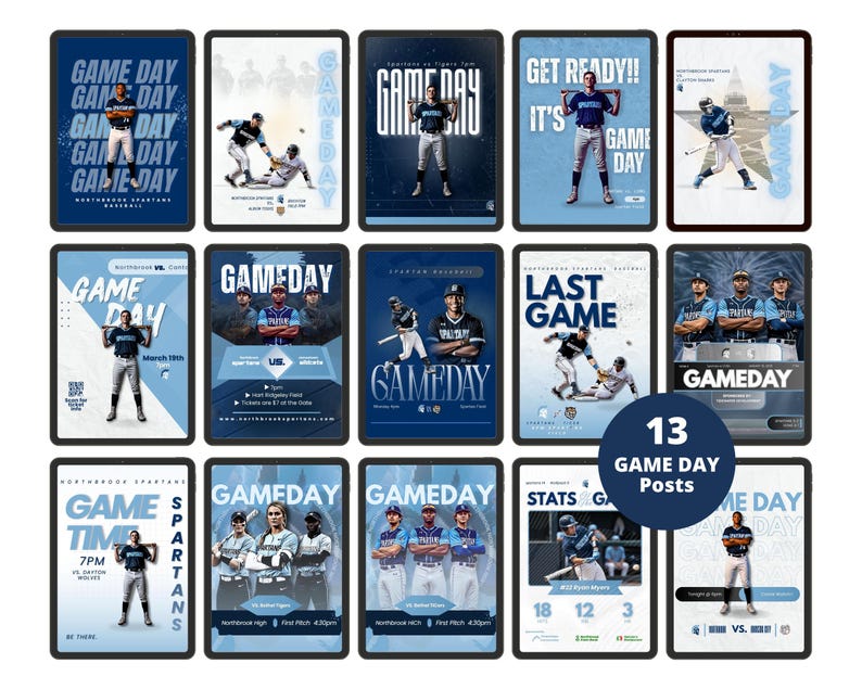 May include: A collection of 13 baseball-themed digital posters. Each poster features baseball players, the words "Game Day," and team information. The posters are in shades of blue and white, with some including game statistics and schedules.