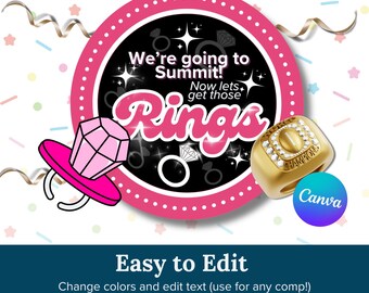 May include: A pink and black circle with the text "We're going to Summit! Now lets get those Rings" and a gold ring with the word "CHAMPIONS" on it. The image is surrounded by colorful confetti.