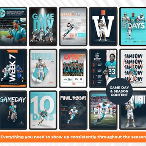 May include: A collection of fifteen digital graphic templates for American football social media posts, featuring teal and white team uniforms, action shots of players, and bold typography with phrases like Game Day, Week 7, and Final Recap.