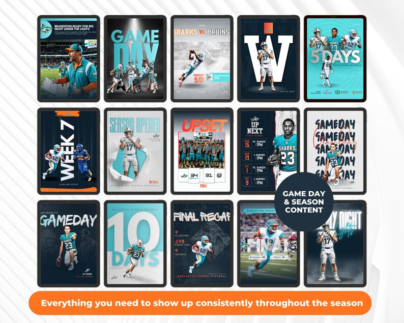 May include: A collection of fifteen digital graphic templates for American football social media posts, featuring teal and white team uniforms, action shots of players, and bold typography with phrases like Game Day, Week 7, and Final Recap.