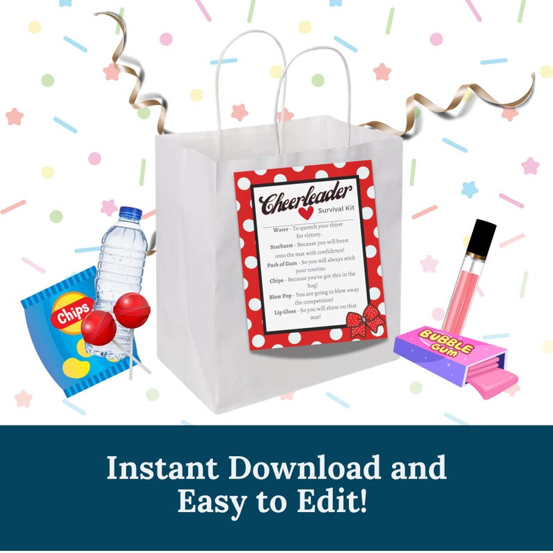 May include: A white paper gift bag with a red and white polka dot card that says "Cheerleader Survival Kit" and lists items like water, starburst, gum, crisps, a blow pop, and lip gloss. The bag is filled with a bottle of water, a bag of crisps, a lollipop, a tube of lip gloss, and a pack of bubble gum.