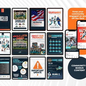May include: A collection of digital marketing templates for Bradenton Sharks Football, featuring various layouts with team photos, game schedules, sponsor logos, and text overlays like "Cancelled," "Thank You Sponsors," and "Built For This."