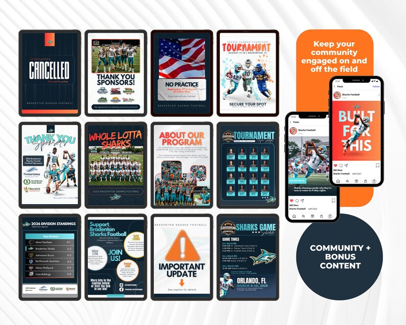May include: A collection of digital marketing templates for Bradenton Sharks Football, featuring various layouts with team photos, game schedules, sponsor logos, and text overlays like "Cancelled," "Thank You Sponsors," and "Built For This."
