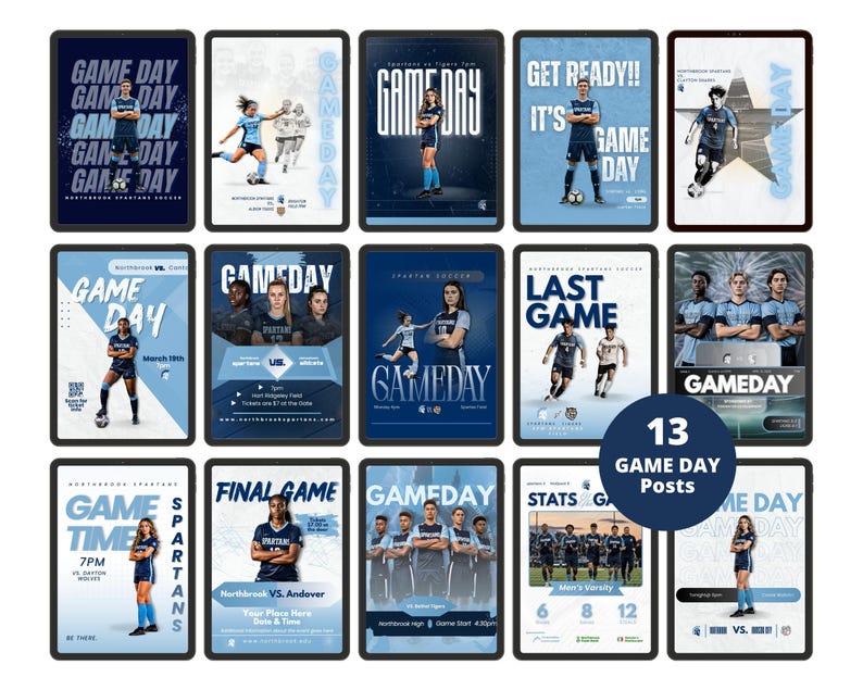 May include: A collection of thirteen digital graphic templates for soccer game day announcements, featuring various layouts with athletic imagery, bold typography, team names, and event details in blue, white, and dark color palettes.