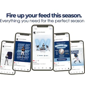 May include: A promotional image featuring five smartphones displaying baseball-themed social media posts. The text "Fire up your feed this season" and "Everything you need for the perfect season" is displayed at the top. The posts include game day announcements and tournament information.