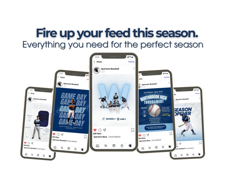May include: A promotional image featuring five smartphones displaying baseball-themed social media posts. The text "Fire up your feed this season" and "Everything you need for the perfect season" is displayed at the top. The posts include game day announcements and tournament information.