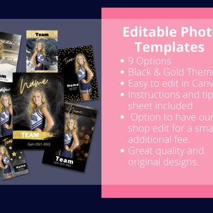 Cheer Trading Card Template: Black & Gold Photo, Editable in Canva (Digital Download)