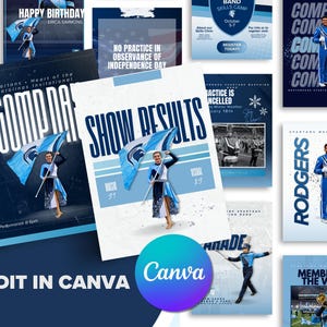May include: A collection of promotional materials for a marching band, featuring various designs with blue and white color schemes. The designs include text such as "COMP DAY", "SHOW RESULTS", and "BAND SKILLS CAMP". The Canva logo is also visible.