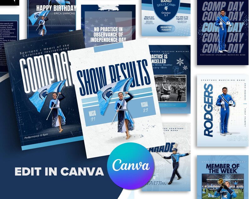 May include: A collection of promotional materials for a marching band, featuring various designs with blue and white color schemes. The designs include text such as "COMP DAY", "SHOW RESULTS", and "BAND SKILLS CAMP". The Canva logo is also visible.