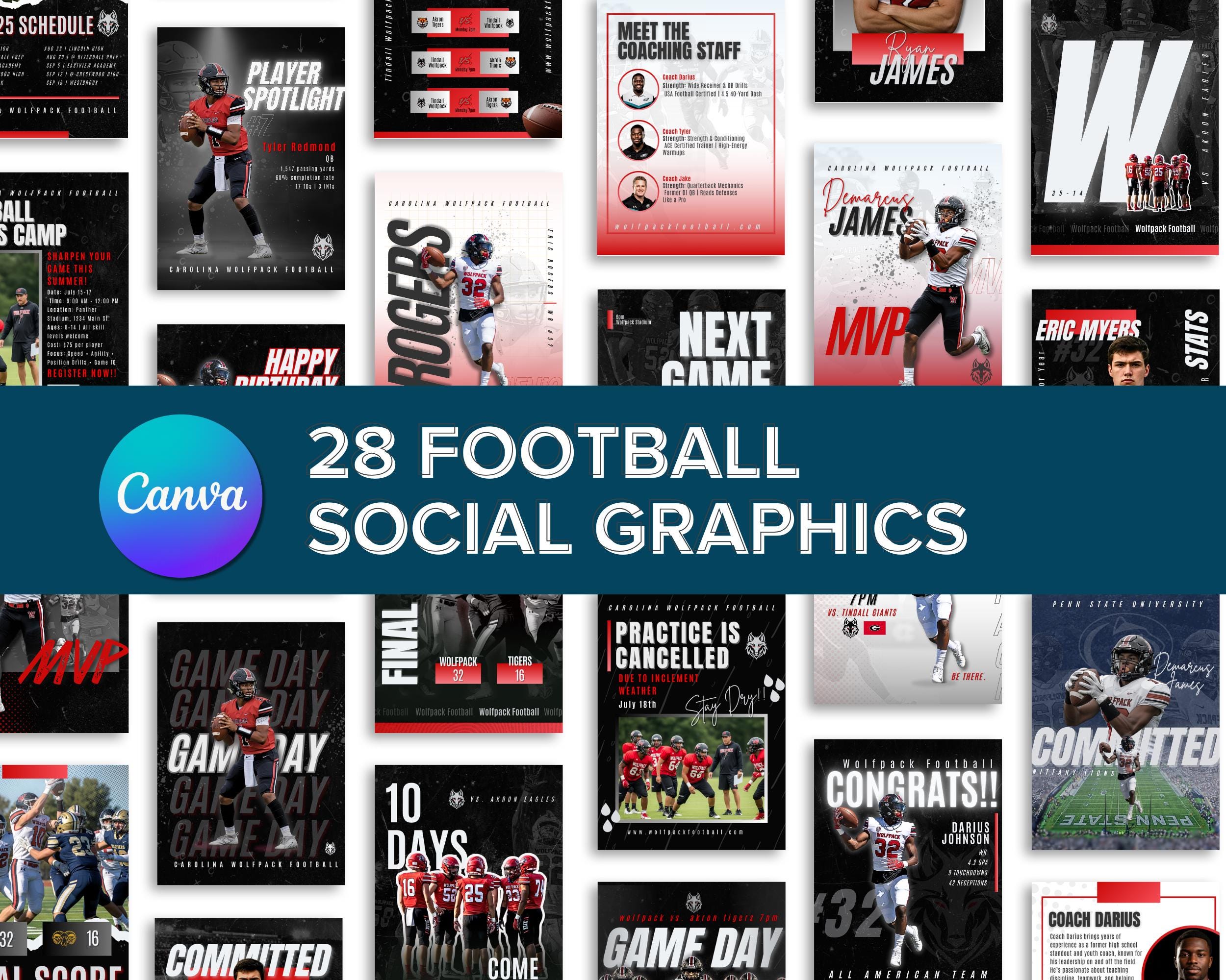28 Football Instagram Templates | Editable Canva Social Media Posts | Game Day, Spotlight, Camp, Coach, Schedule, Cancellations