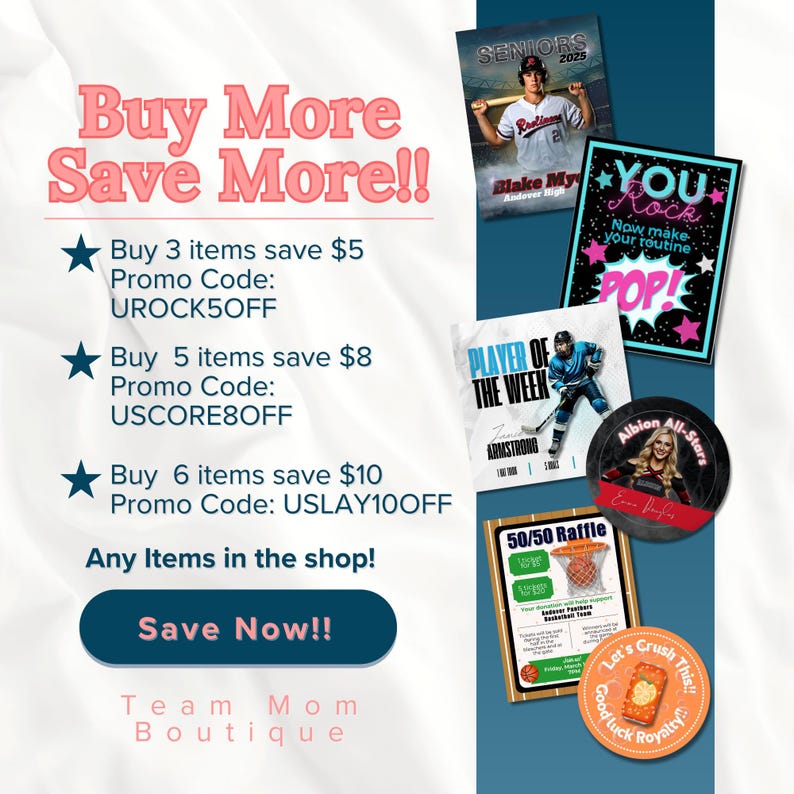 Puede incluir: Un gr&aacute;fico colorido con el texto "Buy More Save More!!" y una lista de c&oacute;digos de descuento para comprar varios art&iacute;culos. El gr&aacute;fico tambi&eacute;n incluye im&aacute;genes de varios art&iacute;culos con tem&aacute;tica deportiva, como una tarjeta de b&eacute;isbol, un boleto de rifa de baloncesto y una tarjeta de jugador de la semana de hockey.
