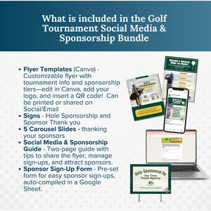 Pu&ograve; includere: Grafica promozionale per un pacchetto di sponsorizzazione di tornei di golf. L'immagine include esempi di modelli di volantini, post sui social media e un cartello dello sponsor. Il testo include "What is included in the Golf Tournament Social Media & Sponsorship Bundle."