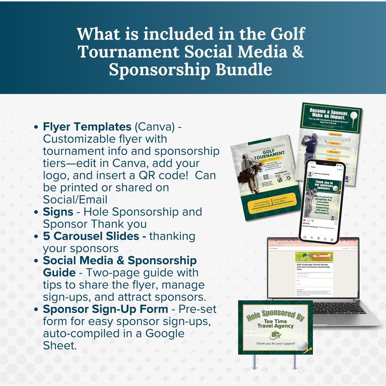 Pu&ograve; includere: Grafica promozionale per un pacchetto di sponsorizzazione di tornei di golf. L'immagine include esempi di modelli di volantini, post sui social media e un cartello dello sponsor. Il testo include "What is included in the Golf Tournament Social Media & Sponsorship Bundle."