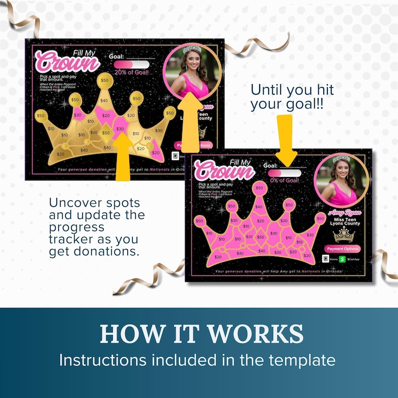 May include: A pink and gold crown shaped fundraising tracker with a progress bar and a photo of a young woman. The text "Fill My Crown" is at the top of the tracker. The text "Until you hit your goal!" is in a yellow speech bubble.