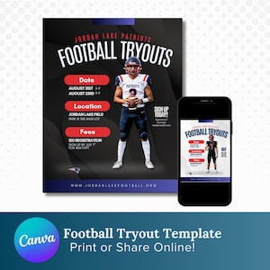 Bewerkbare sjabloon folder voetbal try-out | Canvas sportposter | Aanpasbare proefaankondiging | Afdrukbare en digitale flyer