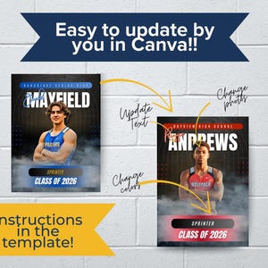 Pu&ograve; includere: Un modello digitale per un poster sportivo con due esempi di ritratti di studenti atleti con testo che recita Mayfield, Andrews, Sprinter e Class of 2026. Il design include frecce e note scritte a mano che indicano Change photos, Update Text e Change colors.