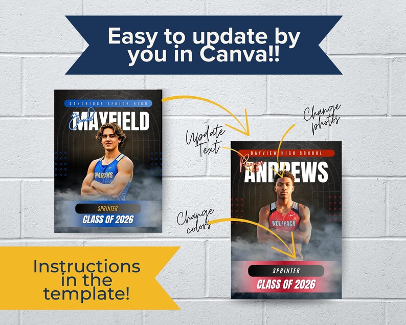 Pu&ograve; includere: Un modello digitale per un poster sportivo con due esempi di ritratti di studenti atleti con testo che recita Mayfield, Andrews, Sprinter e Class of 2026. Il design include frecce e note scritte a mano che indicano Change photos, Update Text e Change colors.
