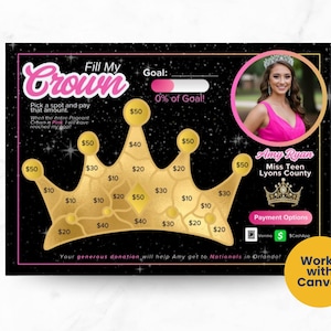May include: A black and gold crown-shaped donation chart with the text "Fill My Crown." It features a photo of a woman in a pink dress, with the text "Amy Ryan, Miss Teen Lyons County."