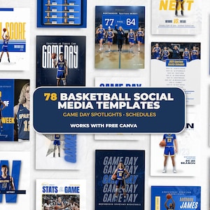 Paquete de plantillas de baloncesto / 78 plantillas para redes sociales para equipos / Día de partido, perfiles de jugadores, horarios – Compatible con Canva