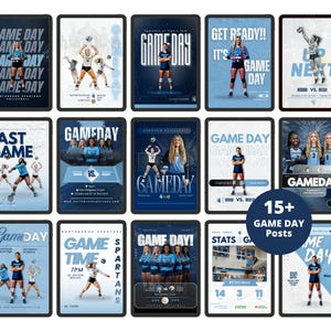 Puede incluir: Una colecci&oacute;n de quince plantillas digitales para redes sociales sobre d&iacute;as de partido de voleibol, con esquemas de color azul y blanco, im&aacute;genes atl&eacute;ticas de jugadores en uniforme, tipograf&iacute;a llamativa y varios dise&ntilde;os para anuncios y estad&iacute;sticas.