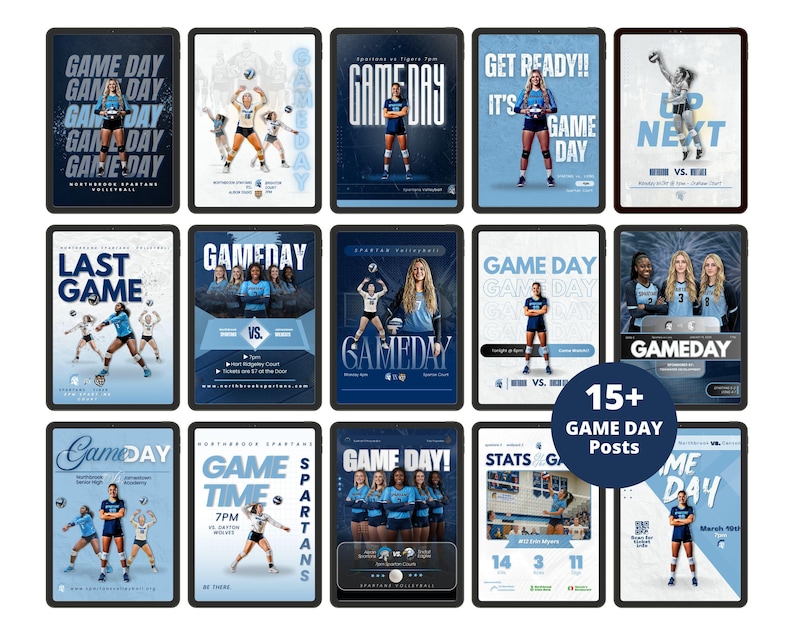 Puede incluir: Una colecci&oacute;n de quince plantillas digitales para redes sociales sobre d&iacute;as de partido de voleibol, con esquemas de color azul y blanco, im&aacute;genes atl&eacute;ticas de jugadores en uniforme, tipograf&iacute;a llamativa y varios dise&ntilde;os para anuncios y estad&iacute;sticas.