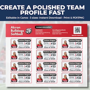 May include: A digital team profile template for Akron Bulldogs Softball featuring a red and white layout with twelve player cards. Each card displays a photo, the name Chelsea Wagner, position Pitcher, number 23, GPA 4.33, NCAA ID 2207453, and Class of 2026.