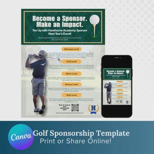 Pu&ograve; includere: Un modello di sponsorizzazione di golf con il testo "Diventa sponsor. Fai un impatto." Il modello include livelli di sponsorizzazione, un golfista e uno smartphone che mostra il modello. Il logo Canva &egrave; visibile in basso.