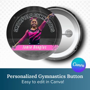 Puede incluir: Un botón blanco y negro con un borde rosa. El botón presenta una foto de una joven con un leotardo de gimnasia rosa y negro. El texto "SMITHFIELD GYMNASTICS" está en un arco negro sobre la foto. El texto "Jamie Douglas" está en un rectángulo rosa debajo de la foto.